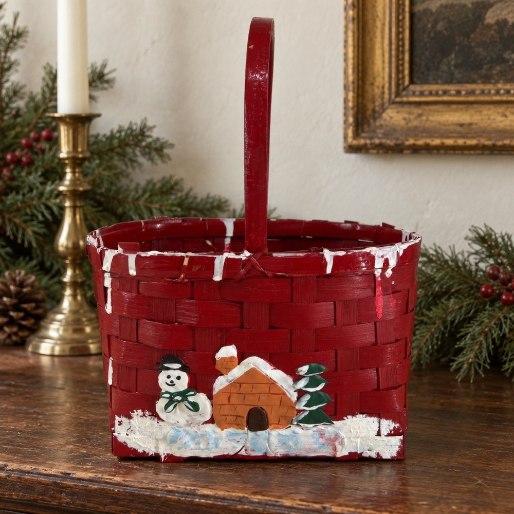 Vintage Red Christmas Basket Snowman Cottage Folk Art Holiday Decor 90s Handmade